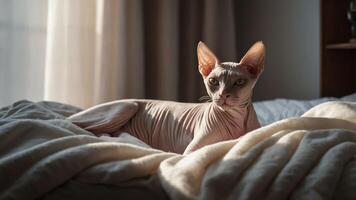 A sphynx cat lounging on a bed, illuminated by soft sunlight through a window. photo
