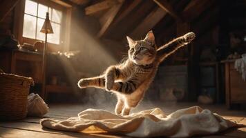 A playful cat leaps joyfully in a sunlit attic, creating a whimsical atmosphere. photo
