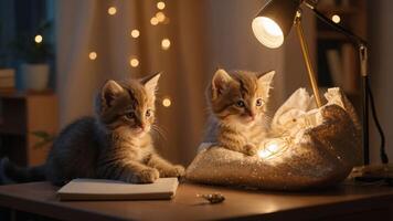 Two playful kittens explore a shiny bag with fairy lights on a cozy table. photo