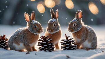 Three rabbits sitting in the snow near pine cones, creating a serene winter scene. photo
