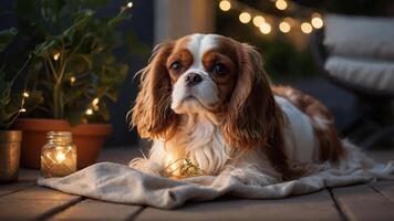 A serene dog resting on a blanket with fairy lights in the background. photo