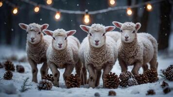 Four fluffy lambs in a snowy setting with pinecones and string lights. photo