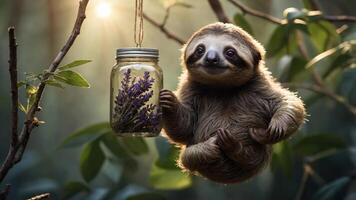 A sloth holding a jar of lavender in a sunlit forest setting. photo