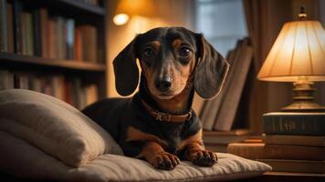 A relaxed dachshund lounging on a cushion in a cozy, book-filled room. photo