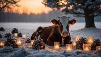 A cow resting in snow, surrounded by candles and pinecones, creating a serene winter scene. photo