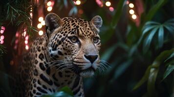 A close-up of a leopard in a lush environment with soft lights in the background. photo