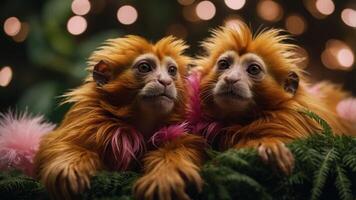 Two playful monkeys with vibrant orange fur and pink accessories, set against a soft background. photo