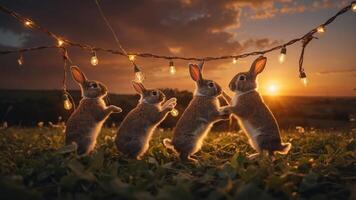 Four playful rabbits enjoying a sunset under string lights in a grassy field. photo