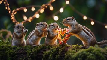 Four squirrels playfully interacting with colorful string lights in a natural setting. photo