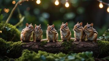 Six chipmunks sitting on a log surrounded by greenery and fairy lights. photo