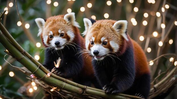 Two red pandas playfully perched on a bamboo branch adorned with soft lights. photo
