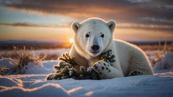 A polar bear resting in snow, holding a small evergreen branch, with a sunset backdrop. photo