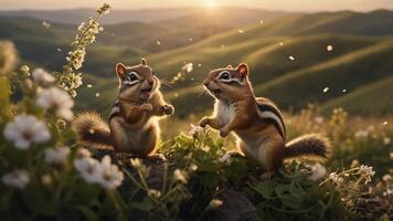Two chipmunks playfully interacting in a vibrant, sunlit meadow. photo