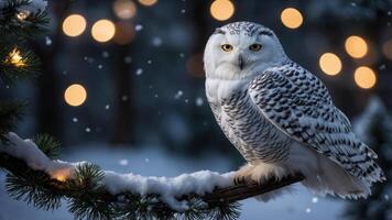 A snowy owl perched on a branch with soft bokeh lights in a winter setting. photo