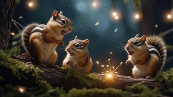 Three chipmunks animatedly interacting in a forest setting with soft glowing lights. photo