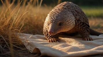 A pangolin on a cloth in a natural setting, showcasing wildlife conservation. photo