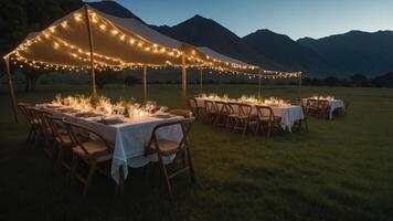 A beautifully arranged outdoor dining setup with string lights and mountain backdrop at dusk. photo