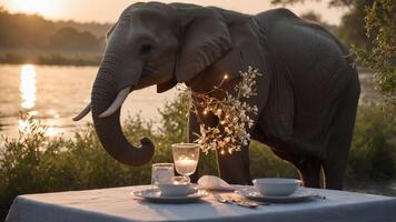 An elephant stands near a beautifully set dining table at sunset by the water. photo