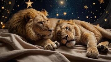 Two lions resting together under a starry sky, creating a serene and majestic atmosphere. photo