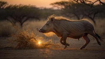 A wild boar runs through a sunset-lit landscape, creating a dynamic and natural scene. photo