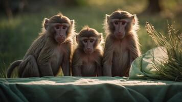 Three baboons sitting together on a green surface in a natural setting. photo