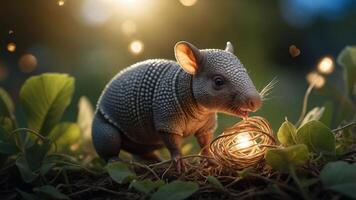 A cute armadillo interacting with a glowing nest in a serene natural setting. photo