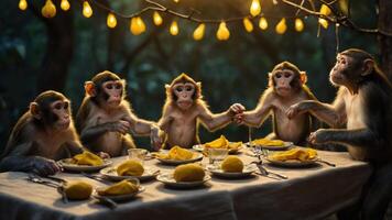 A whimsical scene of monkeys dining at a table adorned with lemons and soft lighting. photo