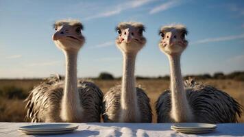 Three ostriches seated at a table outdoors, with plates in front of them. photo