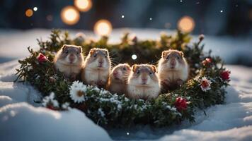 Five cute guinea pigs nestled in a festive wreath surrounded by snow and soft lights. photo