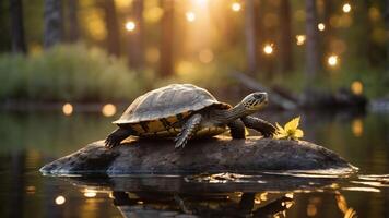 A turtle resting on a rock in a serene, sunlit forest setting. photo