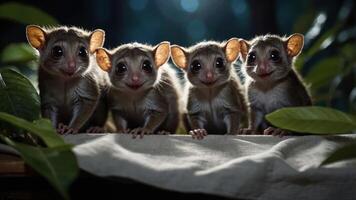 Four adorable marsupials with large ears pose together in a lush, natural setting. photo
