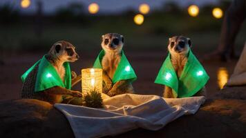 Three meerkats sitting with a glowing lantern, wrapped in green cloth, in a serene setting. photo