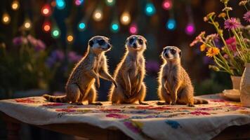 Three meerkats sitting on a colorful tablecloth with flowers and lights in the background. photo