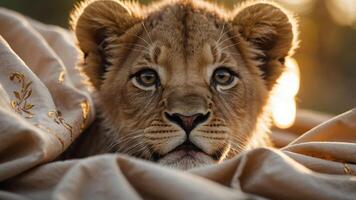 A close-up of a lion cub resting on a soft fabric with a warm background. photo