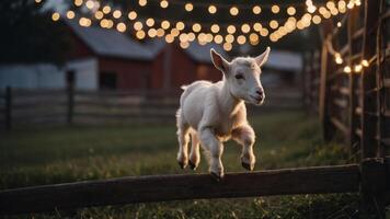 A playful goat leaps over a fence, illuminated by string lights in a serene farm setting. photo