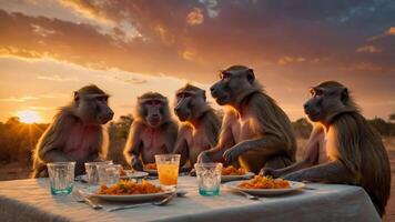 A group of baboons dining together at sunset, enjoying a meal on a table. photo