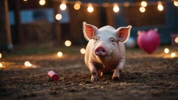 A playful pig in a softly lit barn setting, surrounded by festive decorations. photo