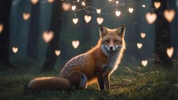 A fox sits serenely in a misty forest, surrounded by heart-shaped lights. photo