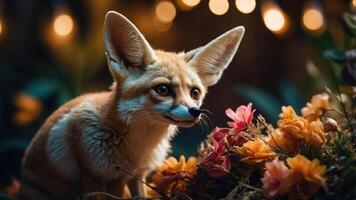 A fennec fox surrounded by colorful flowers and soft lighting. photo