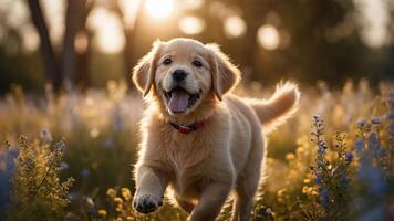 A playful golden retriever puppy running through a field of flowers during sunset. photo