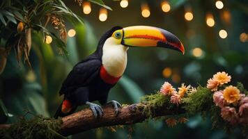 A vibrant toucan perched on a branch amidst flowers and soft lighting. photo