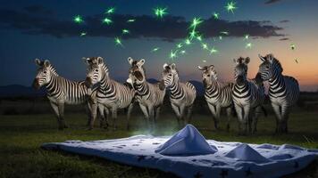 A whimsical scene featuring zebras around a glowing blanket under a twilight sky. photo