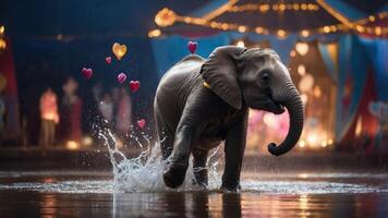 A playful elephant splashes in water, surrounded by colorful hearts in a festive setting. photo