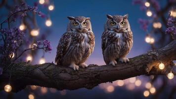 Two owls perched on a branch with fairy lights and blossoms in a twilight setting. photo