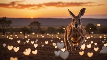 A kangaroo amidst heart-shaped lights at sunset, creating a whimsical and romantic atmosphere. photo