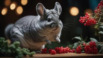 A cute chinchilla surrounded by red berries and greenery in a softly lit setting. photo