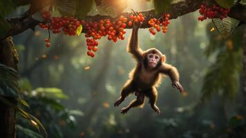 A playful monkey hanging from a branch in a lush, vibrant forest setting. photo