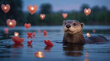 An otter surrounded by floating heart-shaped lights in a serene water setting. photo