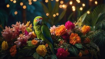 A vibrant green parrot perched among colorful flowers in a lush, tropical setting. photo