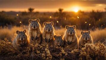 A group of quokkas gathered together during sunset in a natural setting. photo